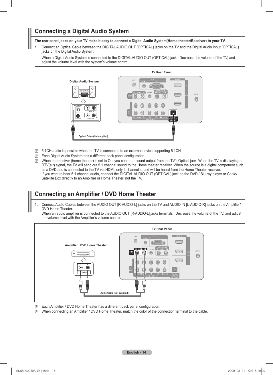 Connecting a digital audio system, Connecting an amplifier / dvd home theater | Samsung PN58B650S1FXZA User Manual | Page 14 / 184