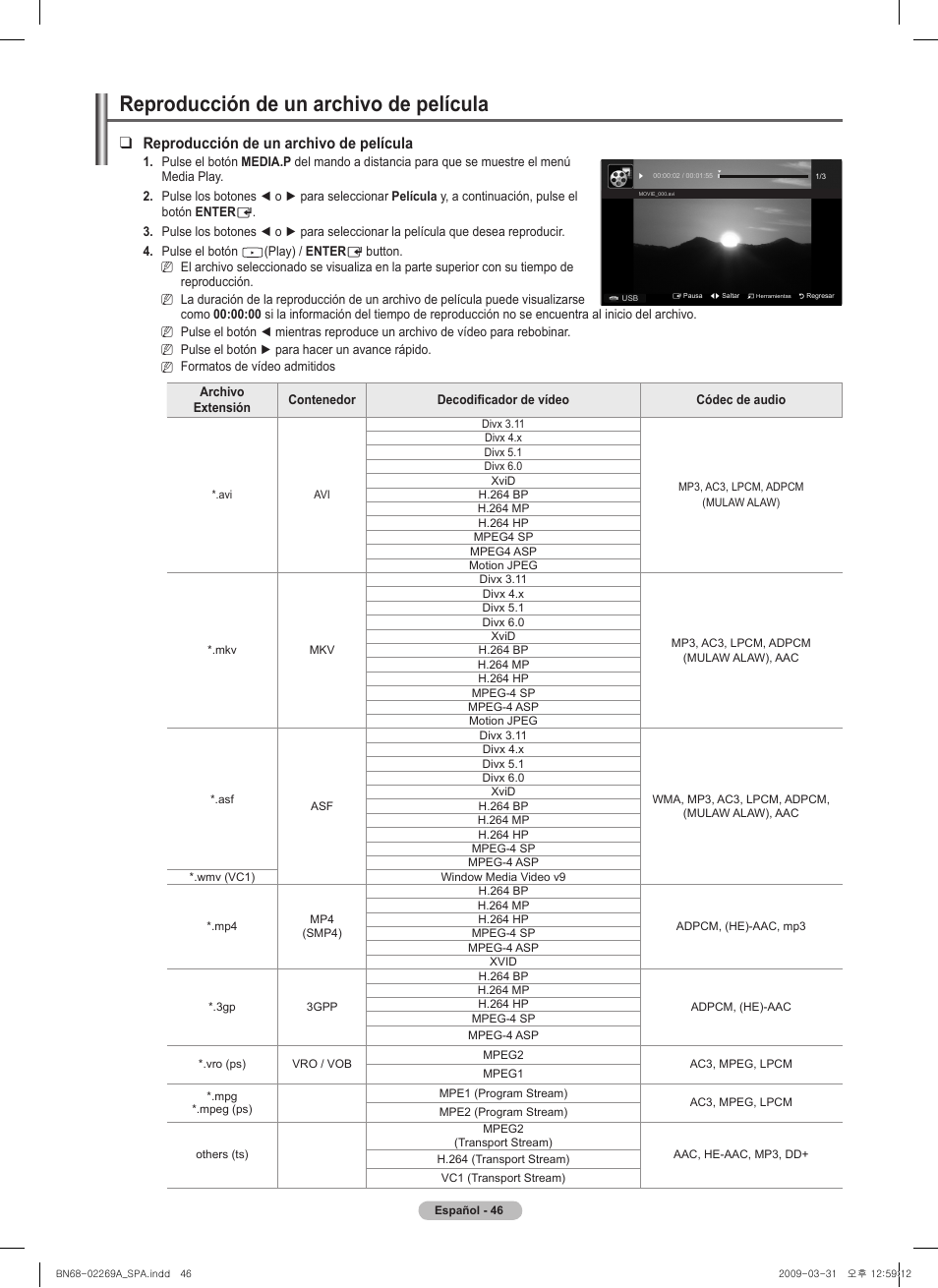 Reproducción de un archivo de película | Samsung PN58B650S1FXZA User Manual | Page 142 / 184