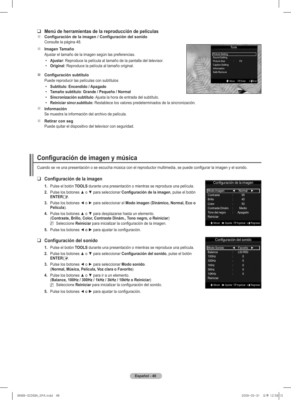 Configuración de imagen y música, Configuración de la imagen, Configuración del sonido | Samsung PN58B650S1FXZA User Manual | Page 144 / 184