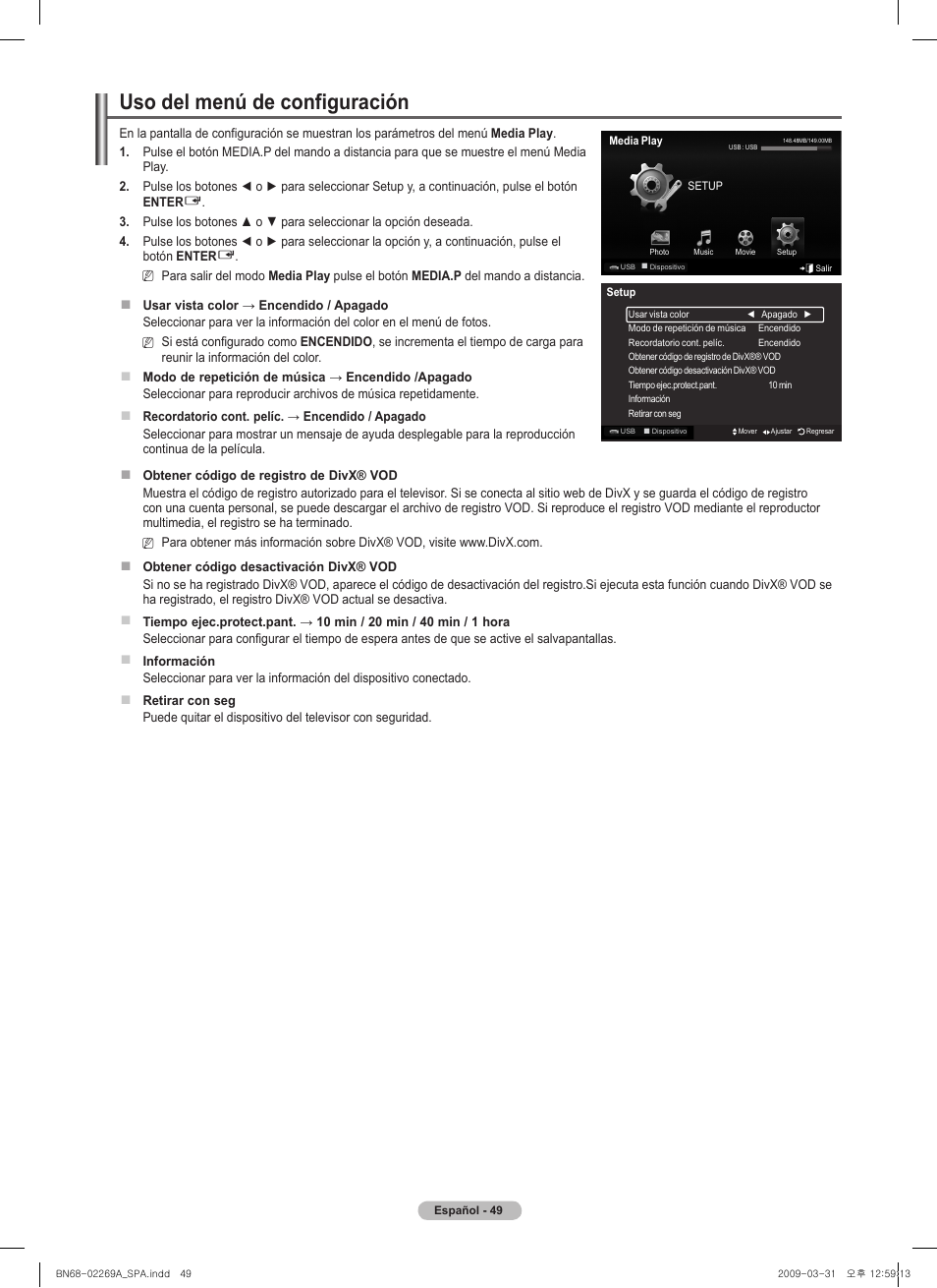 Uso del menú de configuración | Samsung PN58B650S1FXZA User Manual | Page 145 / 184