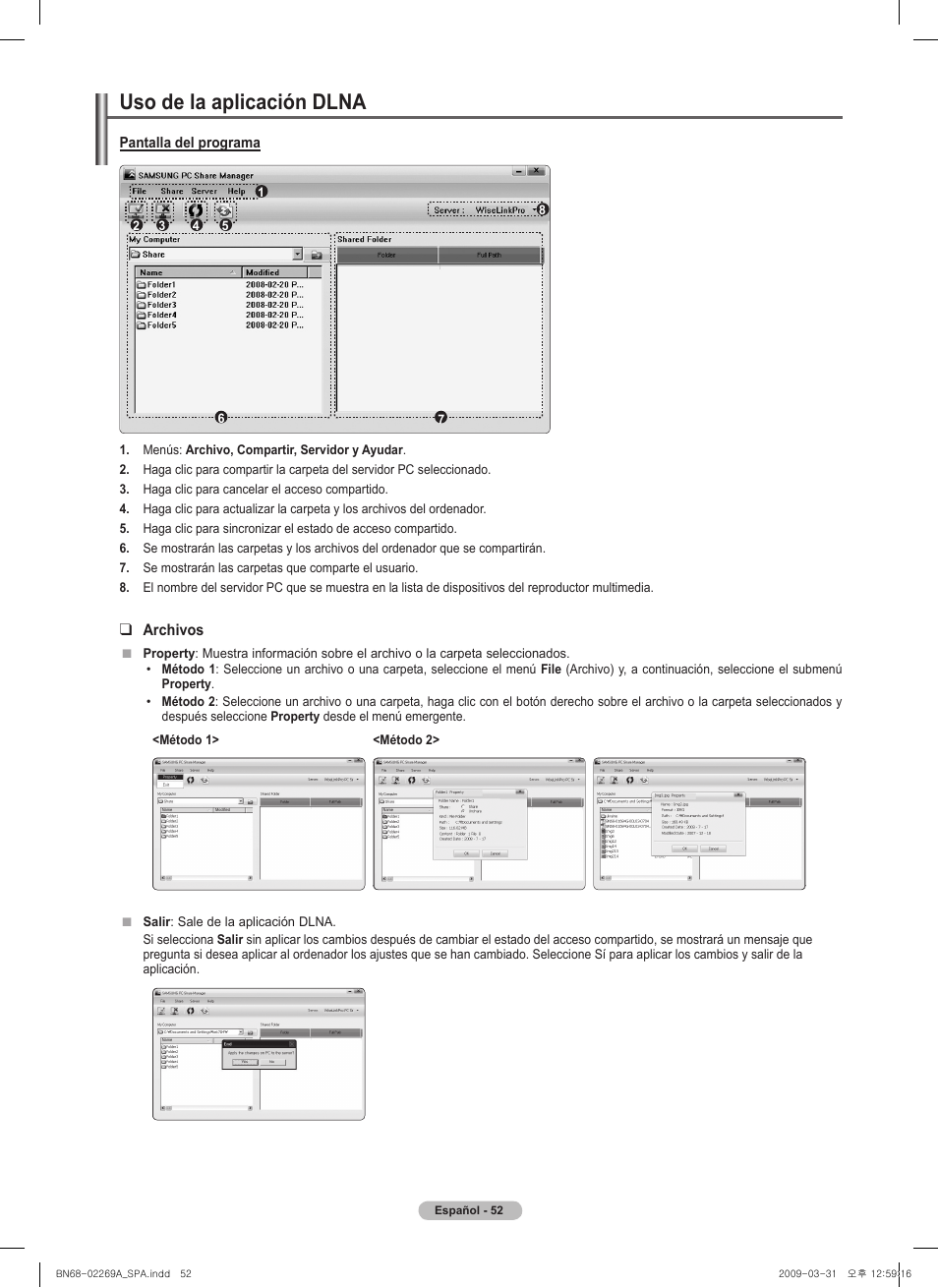 Uso de la aplicación dlna, Archivos, Pantalla del programa | Samsung PN58B650S1FXZA User Manual | Page 148 / 184