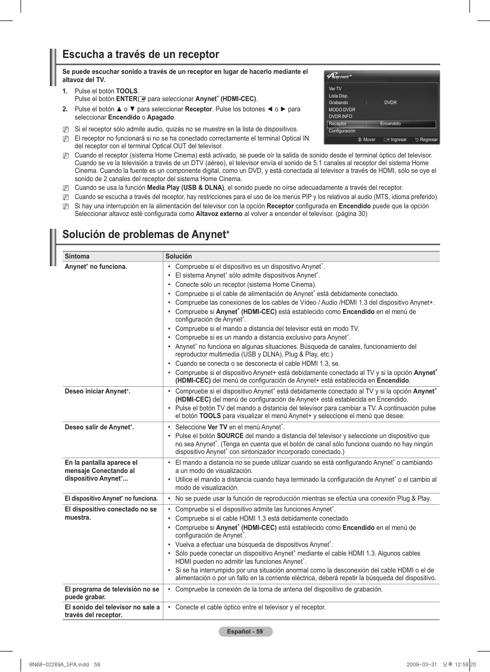 Escucha a través de un receptor, Solución de problemas de anynet | Samsung PN58B650S1FXZA User Manual | Page 155 / 184