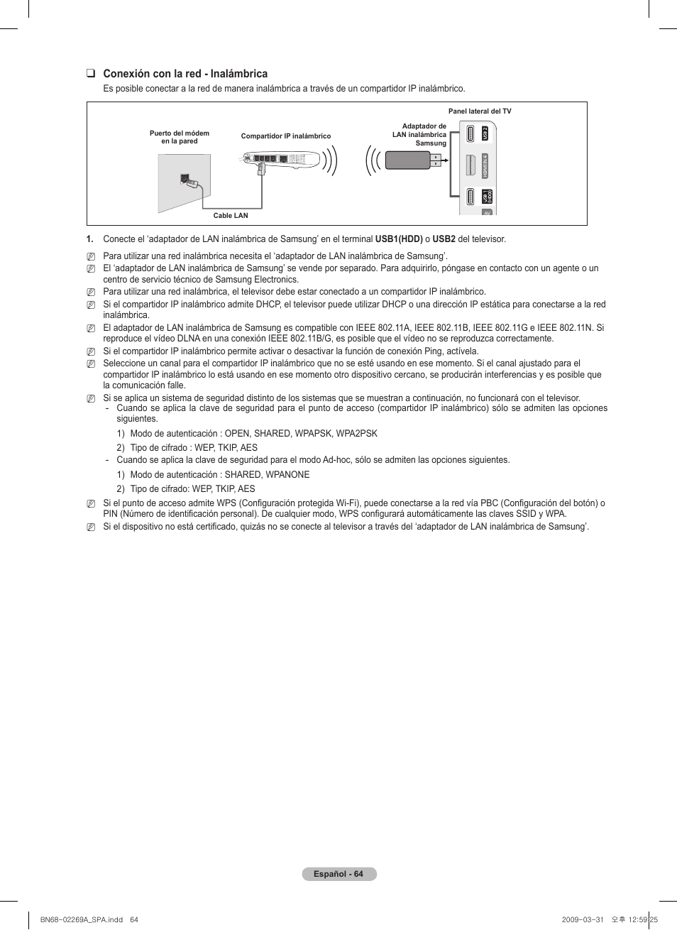 Conexión con la red - inalámbrica | Samsung PN58B650S1FXZA User Manual | Page 160 / 184