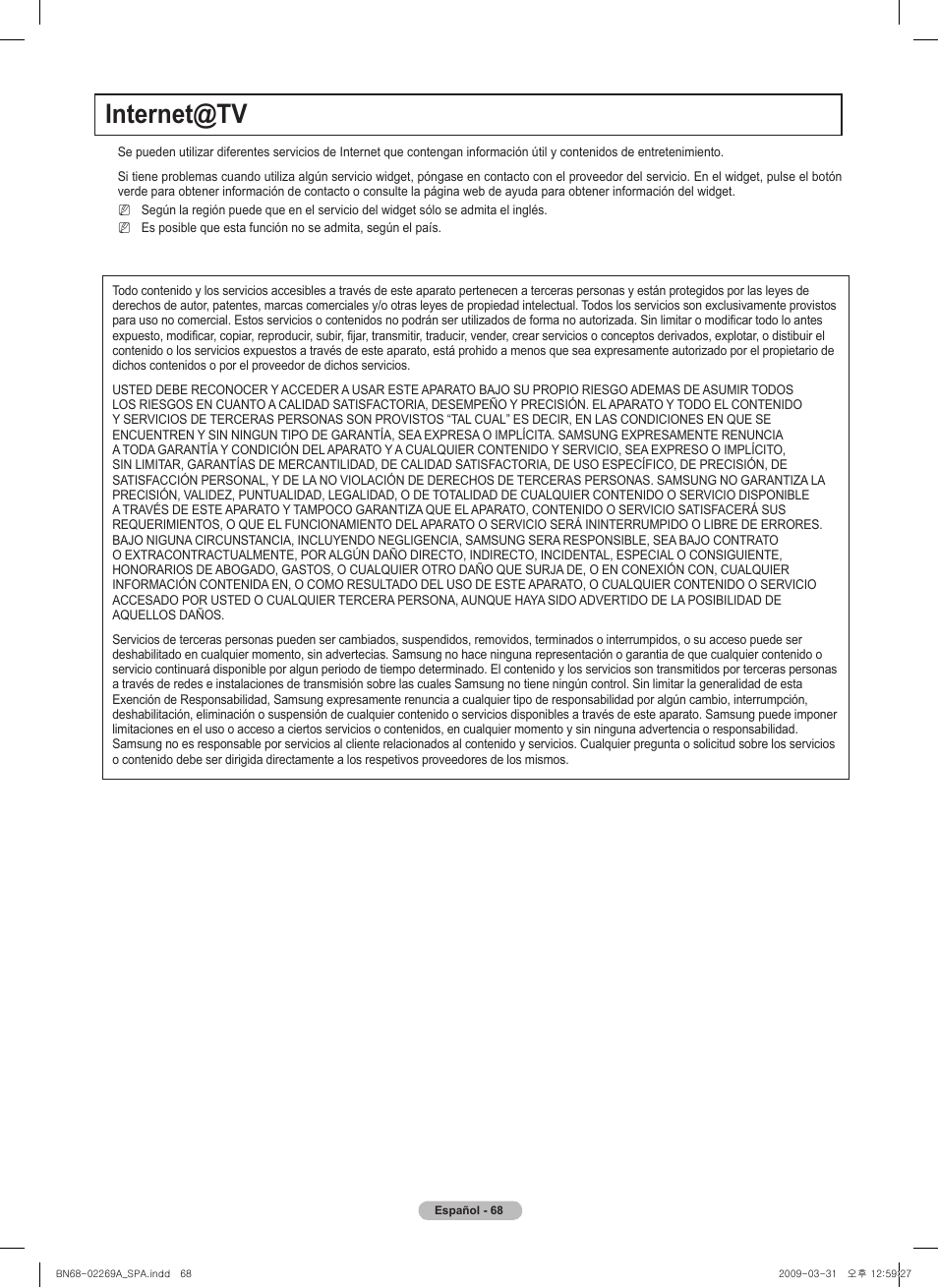 Internet@tv | Samsung PN58B650S1FXZA User Manual | Page 164 / 184