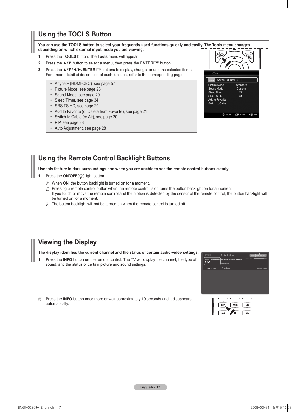Using the tools button, Viewing the display, Using the remote control backlight buttons | Samsung PN58B650S1FXZA User Manual | Page 17 / 184