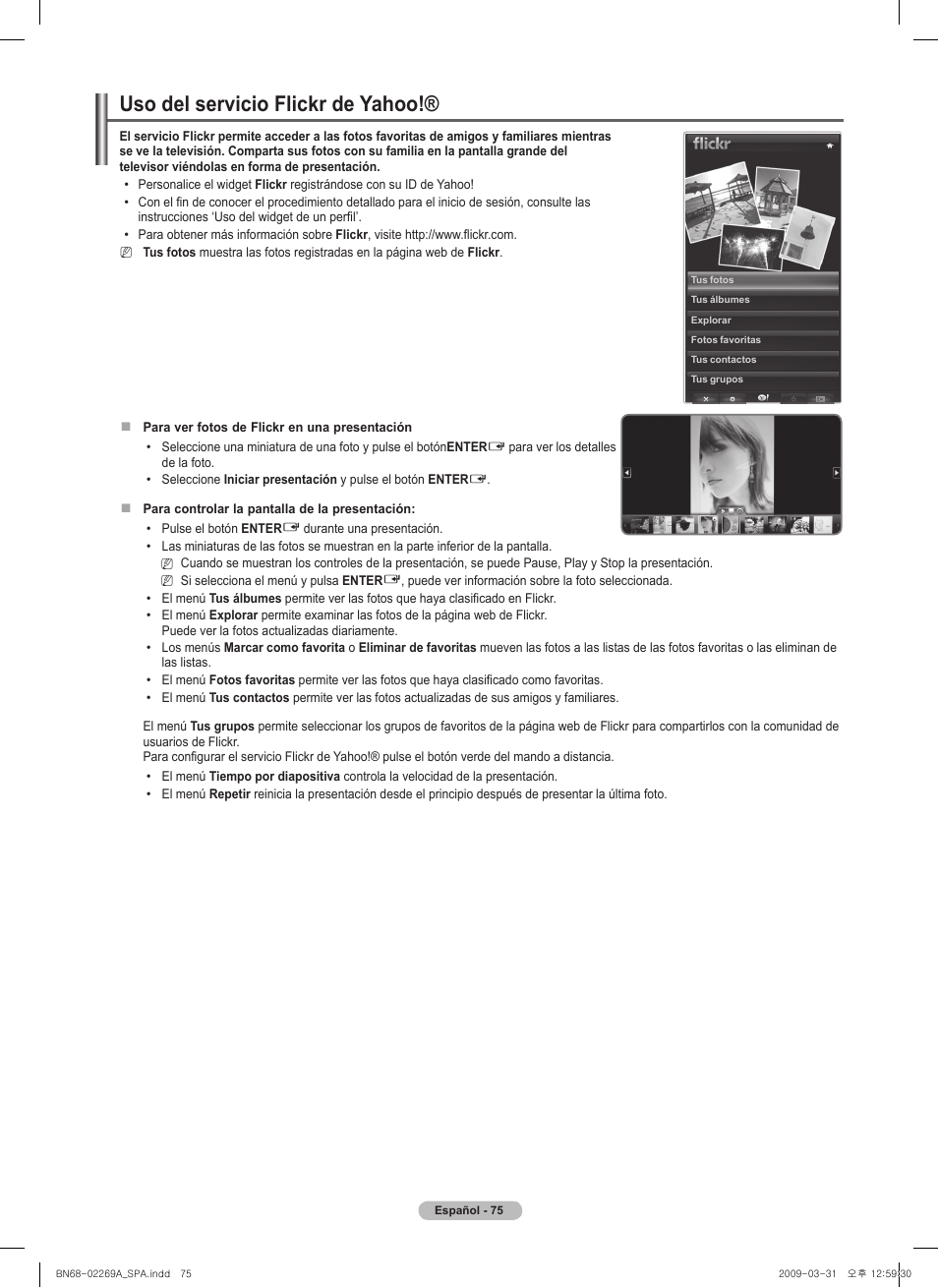 Uso del servicio flickr de yahoo | Samsung PN58B650S1FXZA User Manual | Page 171 / 184