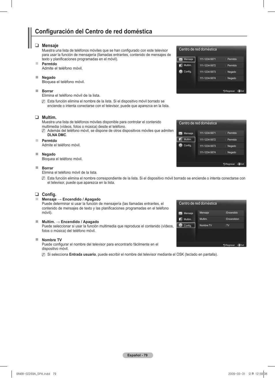 Configuración del centro de red doméstica, Mensaje, Multim | Config | Samsung PN58B650S1FXZA User Manual | Page 175 / 184