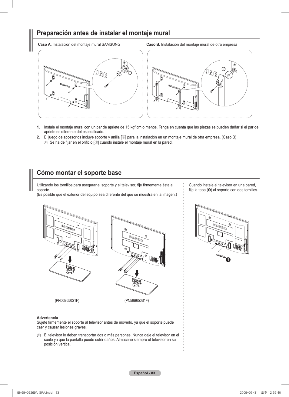 Preparación antes de instalar el montaje mural, Cómo montar el soporte base | Samsung PN58B650S1FXZA User Manual | Page 179 / 184