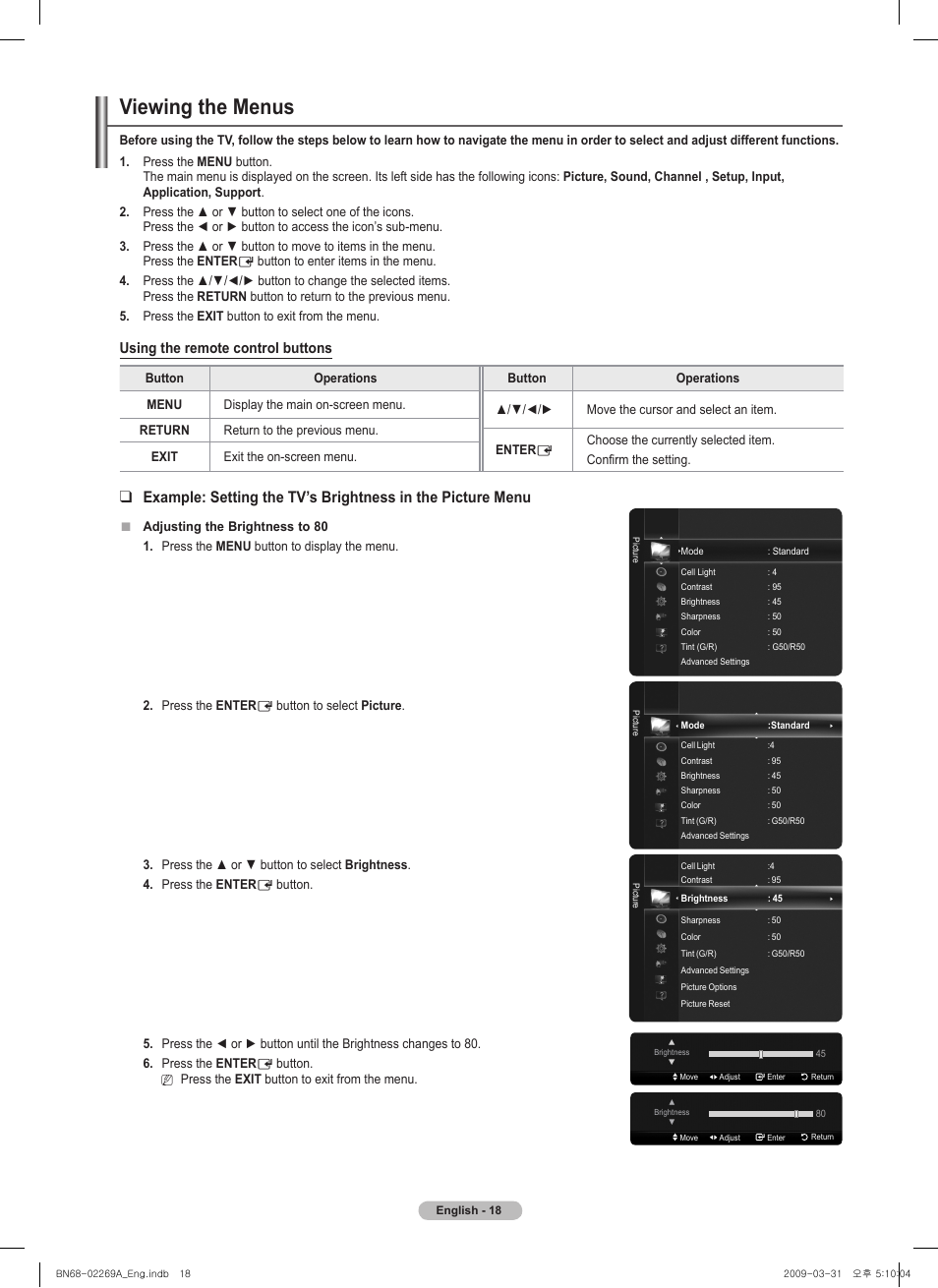 Viewing the menus, Using the remote control buttons | Samsung PN58B650S1FXZA User Manual | Page 18 / 184