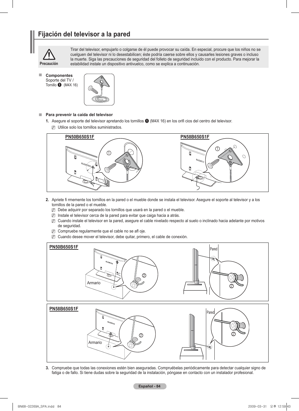 경고 주의 경고 주의, Fijación del televisor a la pared | Samsung PN58B650S1FXZA User Manual | Page 180 / 184