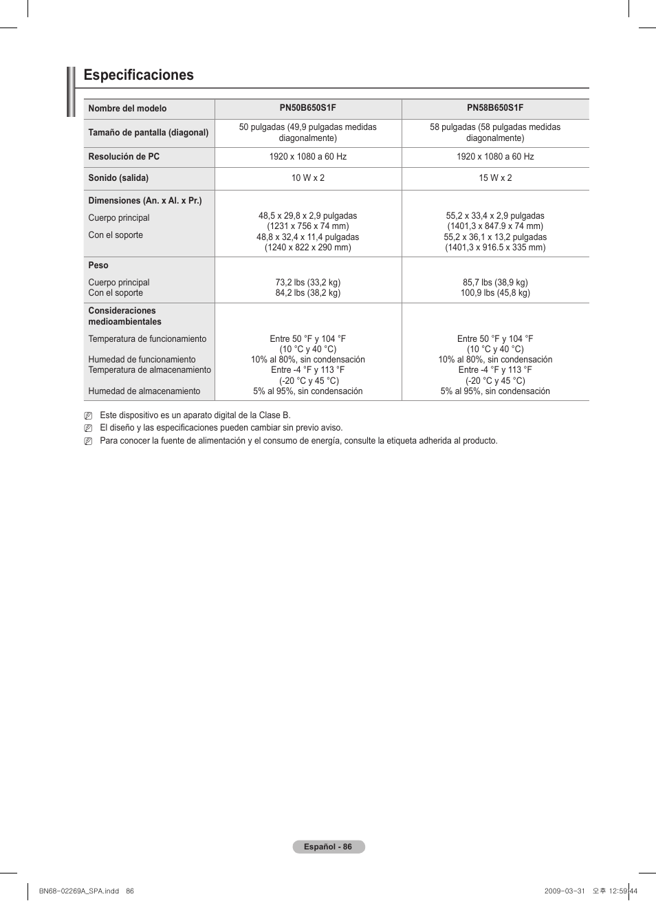 Especificaciones | Samsung PN58B650S1FXZA User Manual | Page 182 / 184