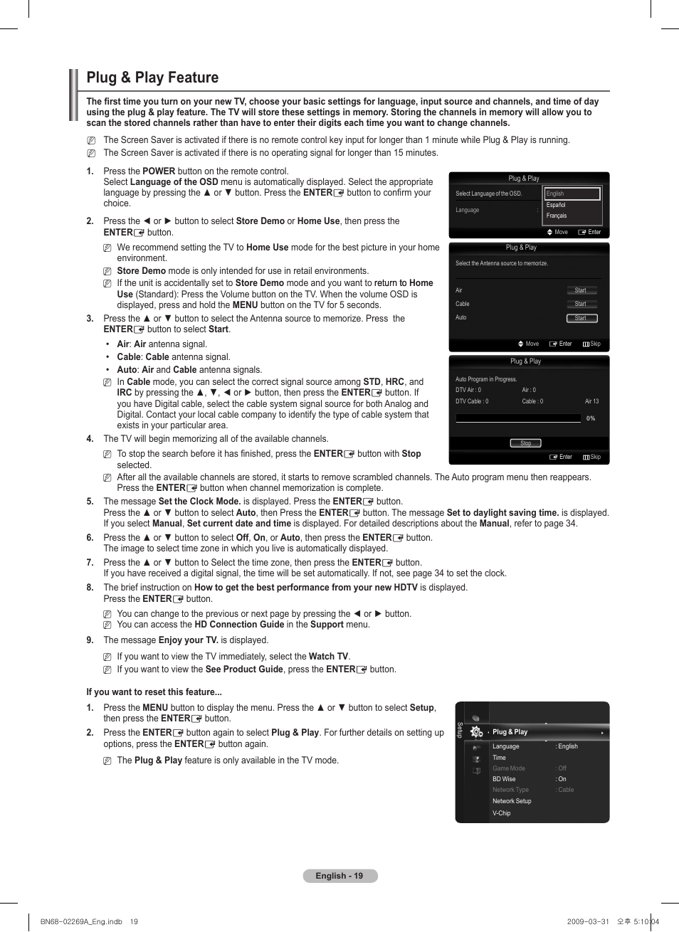 Plug & play feature | Samsung PN58B650S1FXZA User Manual | Page 19 / 184