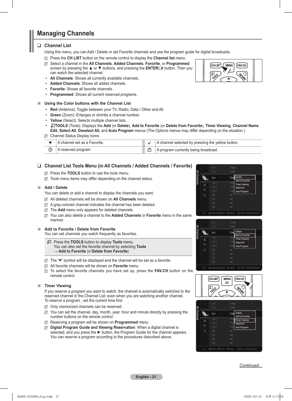 Managing channels, Channel list, Continued | Samsung PN58B650S1FXZA User Manual | Page 21 / 184