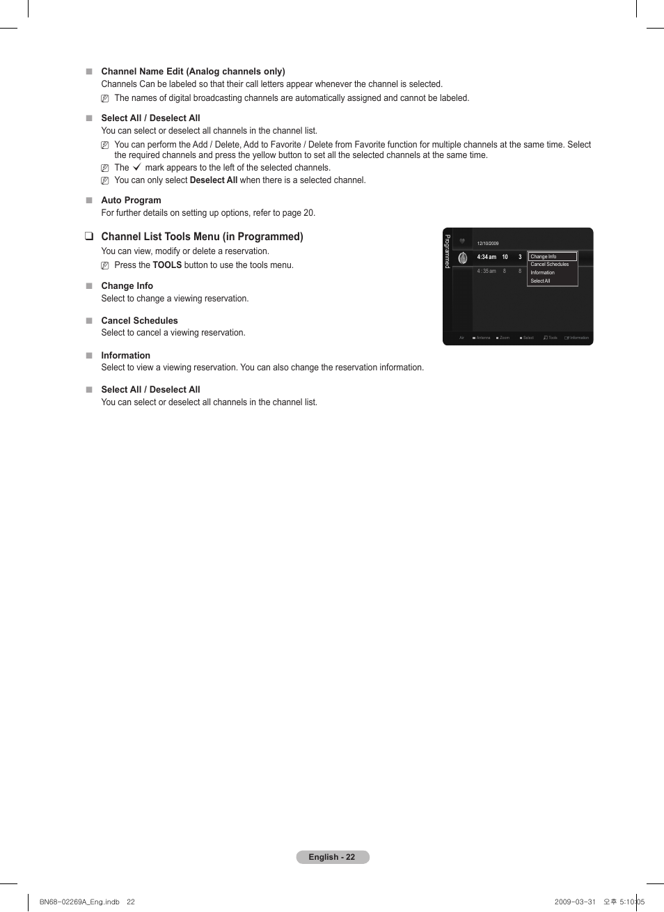 Channel list tools menu (in programmed) | Samsung PN58B650S1FXZA User Manual | Page 22 / 184