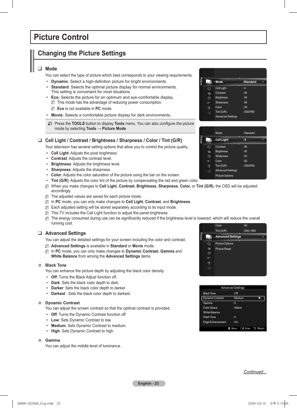 Picture control, Changing the picture settings, Mode | Advanced settings, Continued | Samsung PN58B650S1FXZA User Manual | Page 23 / 184