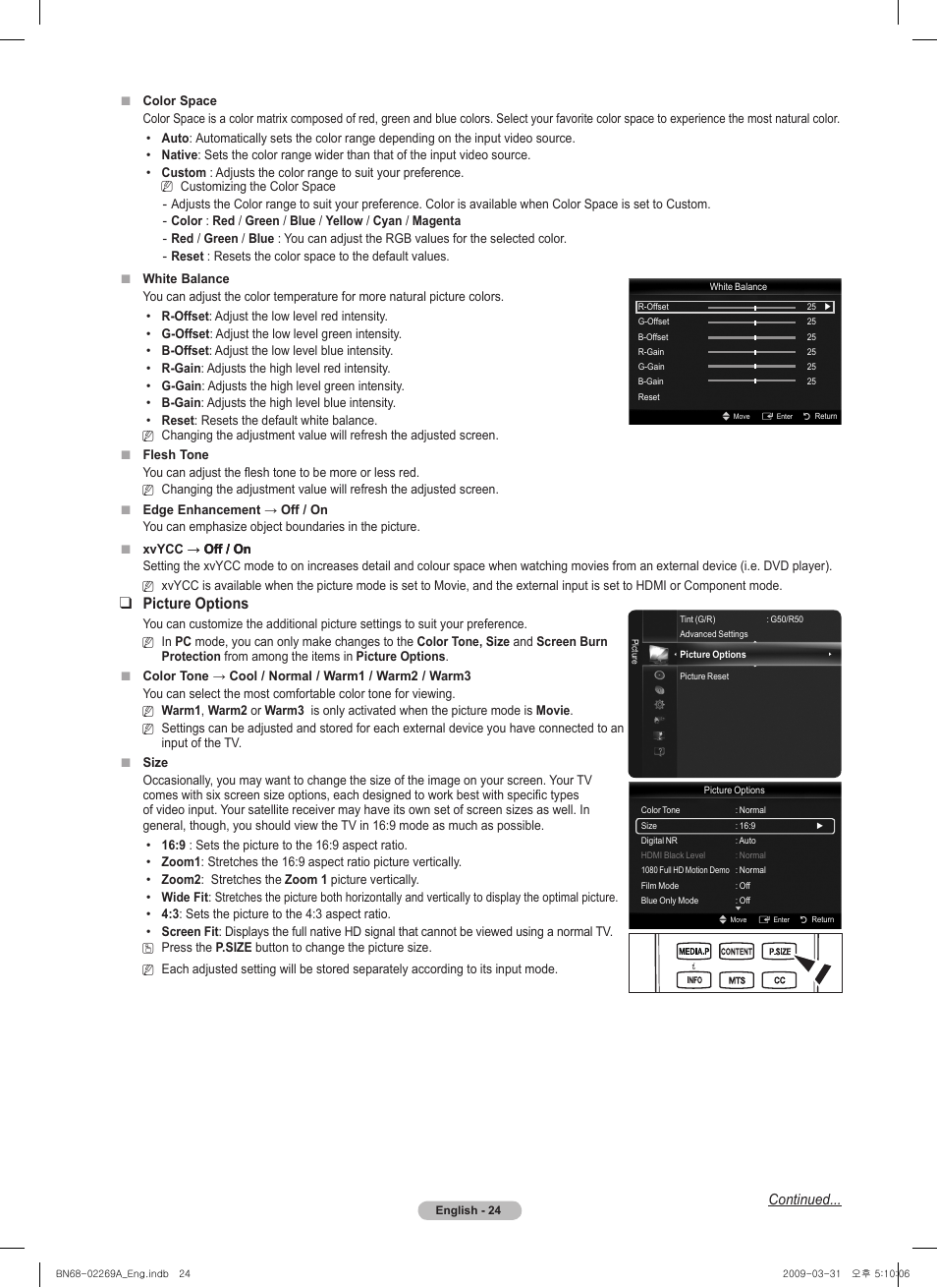 Picture options, Continued | Samsung PN58B650S1FXZA User Manual | Page 24 / 184