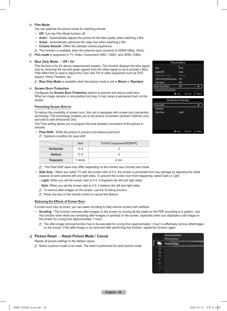 Picturereset→resetpicturemode/cancel | Samsung PN58B650S1FXZA User Manual | Page 26 / 184