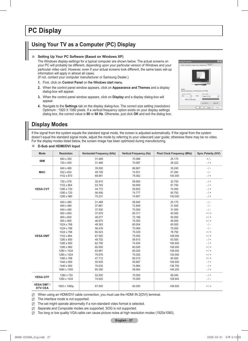 Pc display, Using your tv as a computer (pc) display, Display modes | Samsung PN58B650S1FXZA User Manual | Page 27 / 184