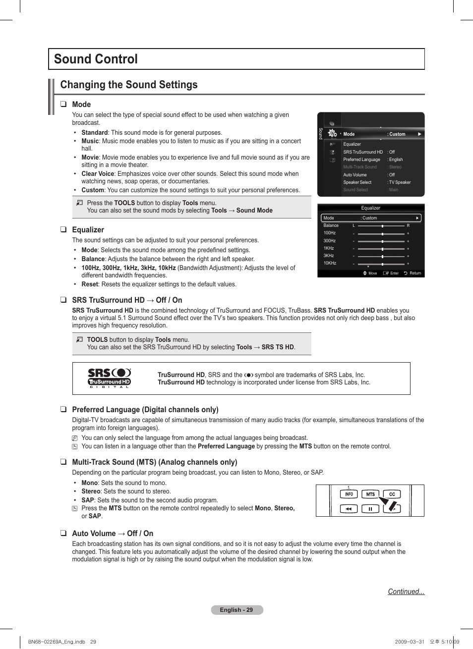 Sound control, Changing the sound settings, Mode | Equalizer, Srstrusurroundhd→off/on, Preferred language (digital channels only), Multi-track sound (mts) (analog channels only), Autovolume→off/on | Samsung PN58B650S1FXZA User Manual | Page 29 / 184