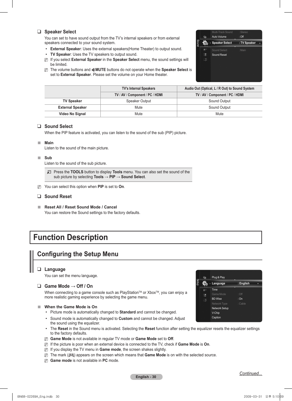 Function description, Configuring the setup menu, Speaker select | Sound select, Sound reset, Language, Gamemode→off/on | Samsung PN58B650S1FXZA User Manual | Page 30 / 184