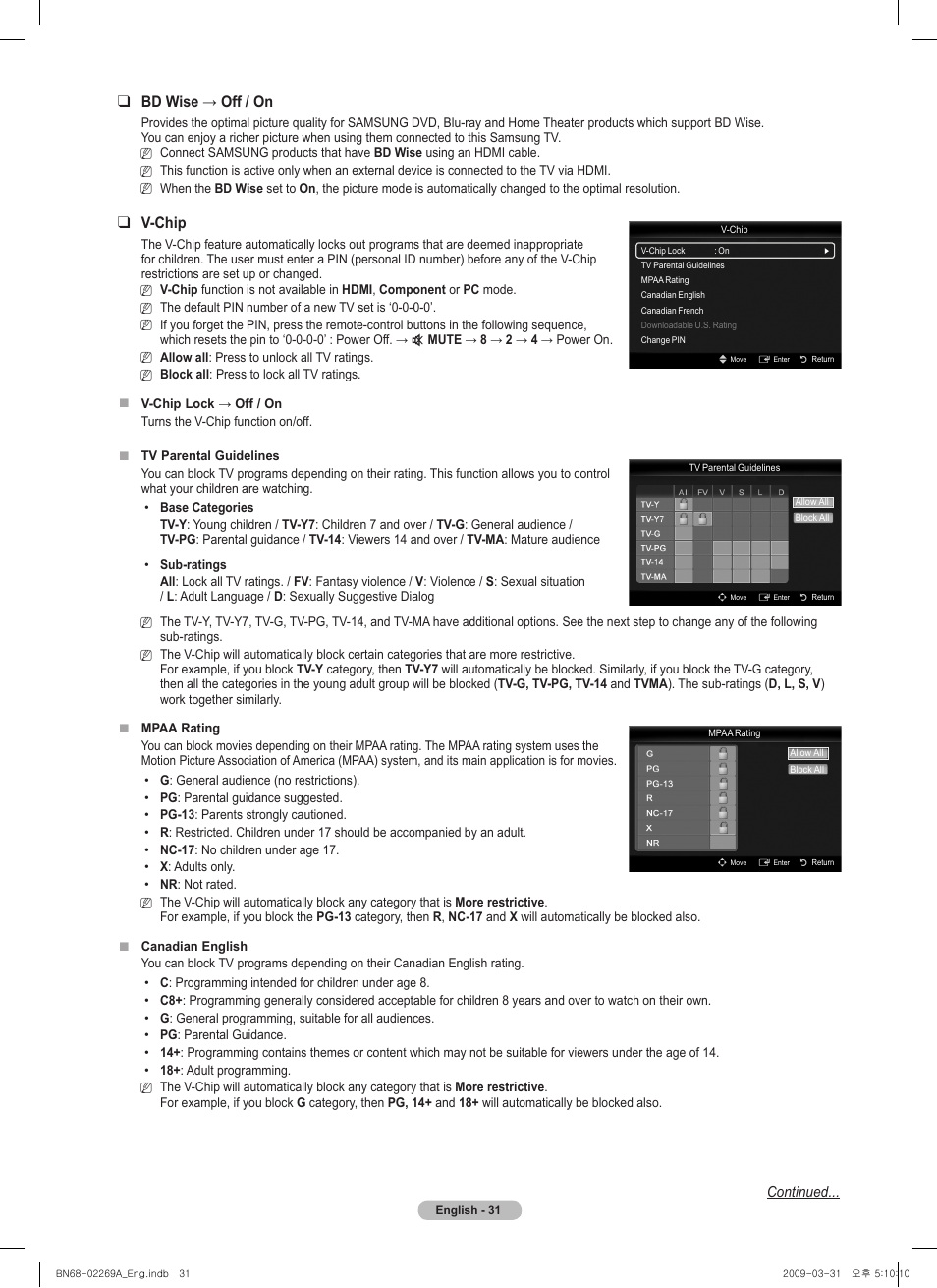 Bdwise→off/on, V-chip | Samsung PN58B650S1FXZA User Manual | Page 31 / 184