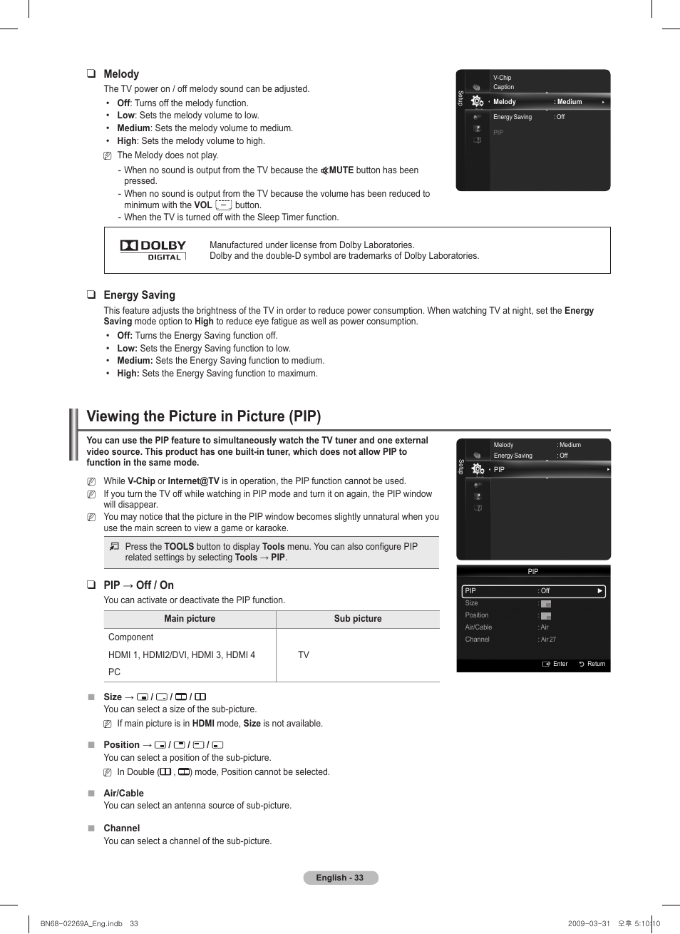 Viewing the picture in picture (pip), Melody, Energy saving | Pip→off/on | Samsung PN58B650S1FXZA User Manual | Page 33 / 184
