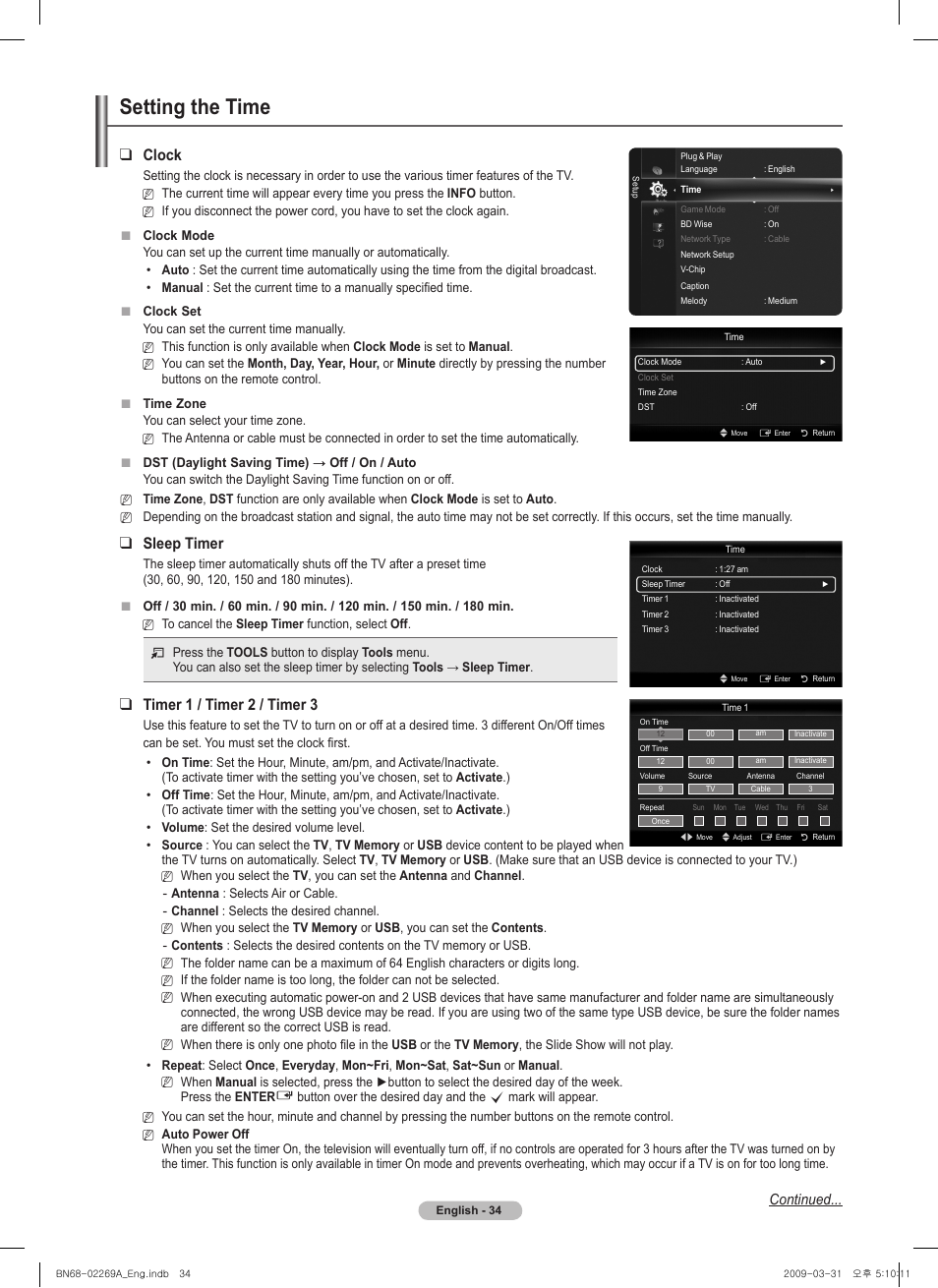 Setting the time, Clock, Sleep timer | Timer 1 / timer  / timer, Continued | Samsung PN58B650S1FXZA User Manual | Page 34 / 184
