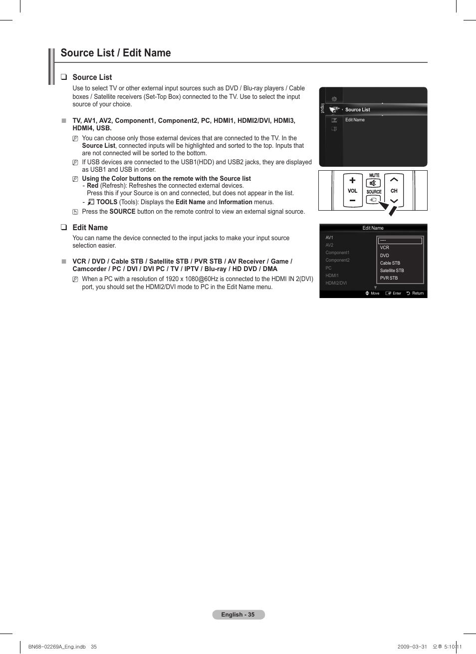 Source list / edit name, Source list, Edit name | Samsung PN58B650S1FXZA User Manual | Page 35 / 184