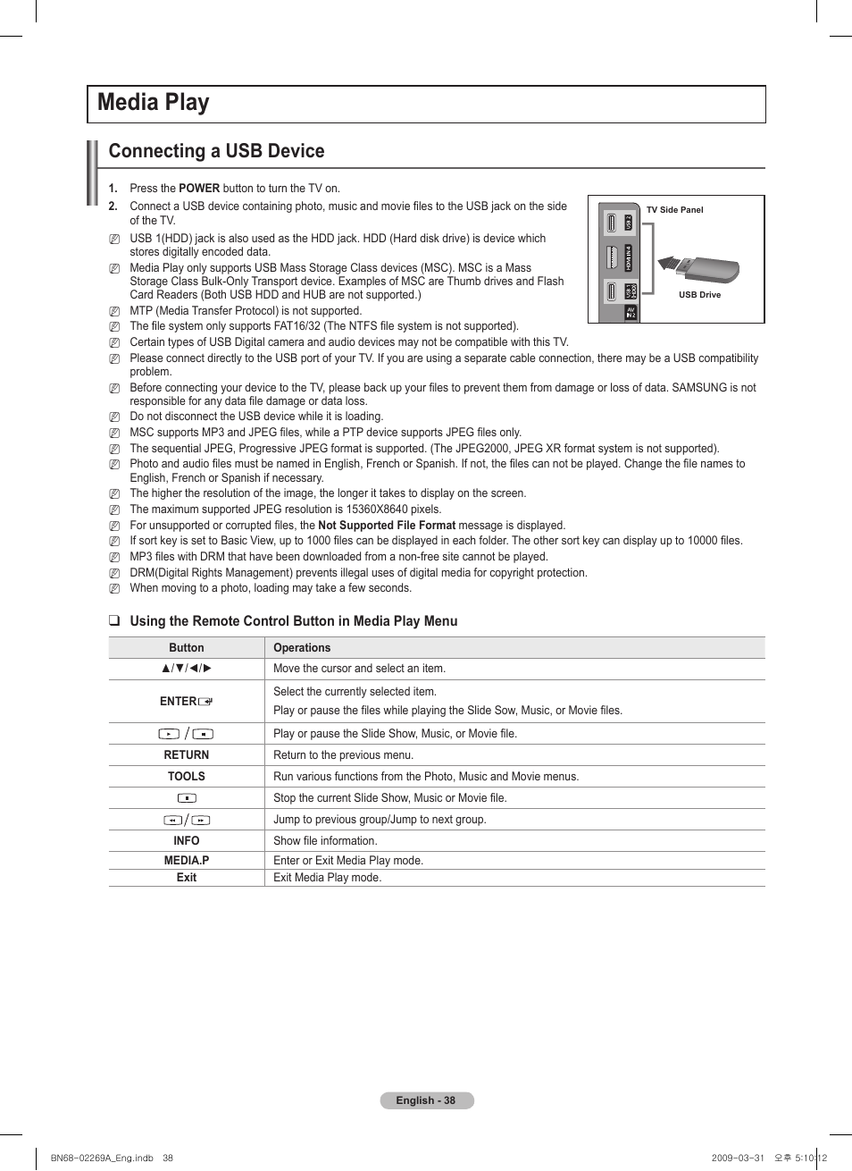 Media play, Connecting a usb device | Samsung PN58B650S1FXZA User Manual | Page 38 / 184