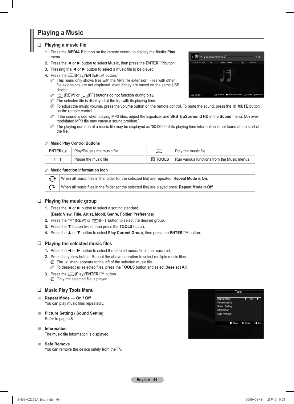 Playing a music, Playing a music file, Playing the music group | Playing the selected music files, Music play tools menu | Samsung PN58B650S1FXZA User Manual | Page 44 / 184