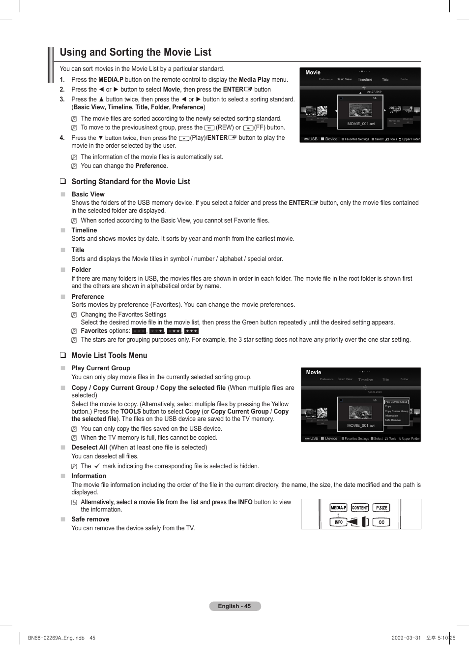 Using and sorting the movie list, Sorting standard for the movie list, Movie list tools menu | Samsung PN58B650S1FXZA User Manual | Page 45 / 184