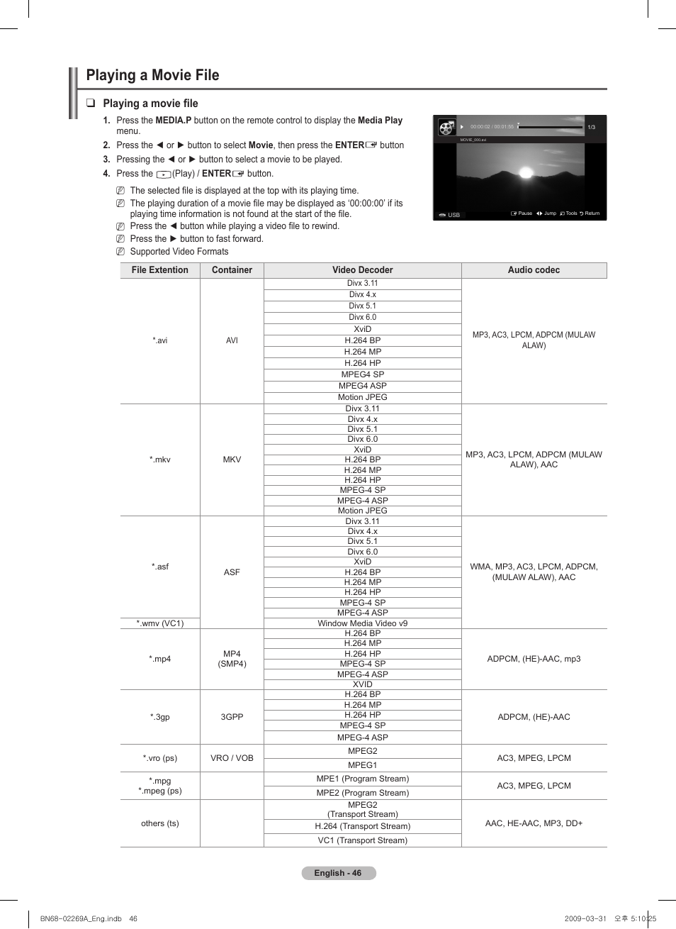 Playing a movie file | Samsung PN58B650S1FXZA User Manual | Page 46 / 184