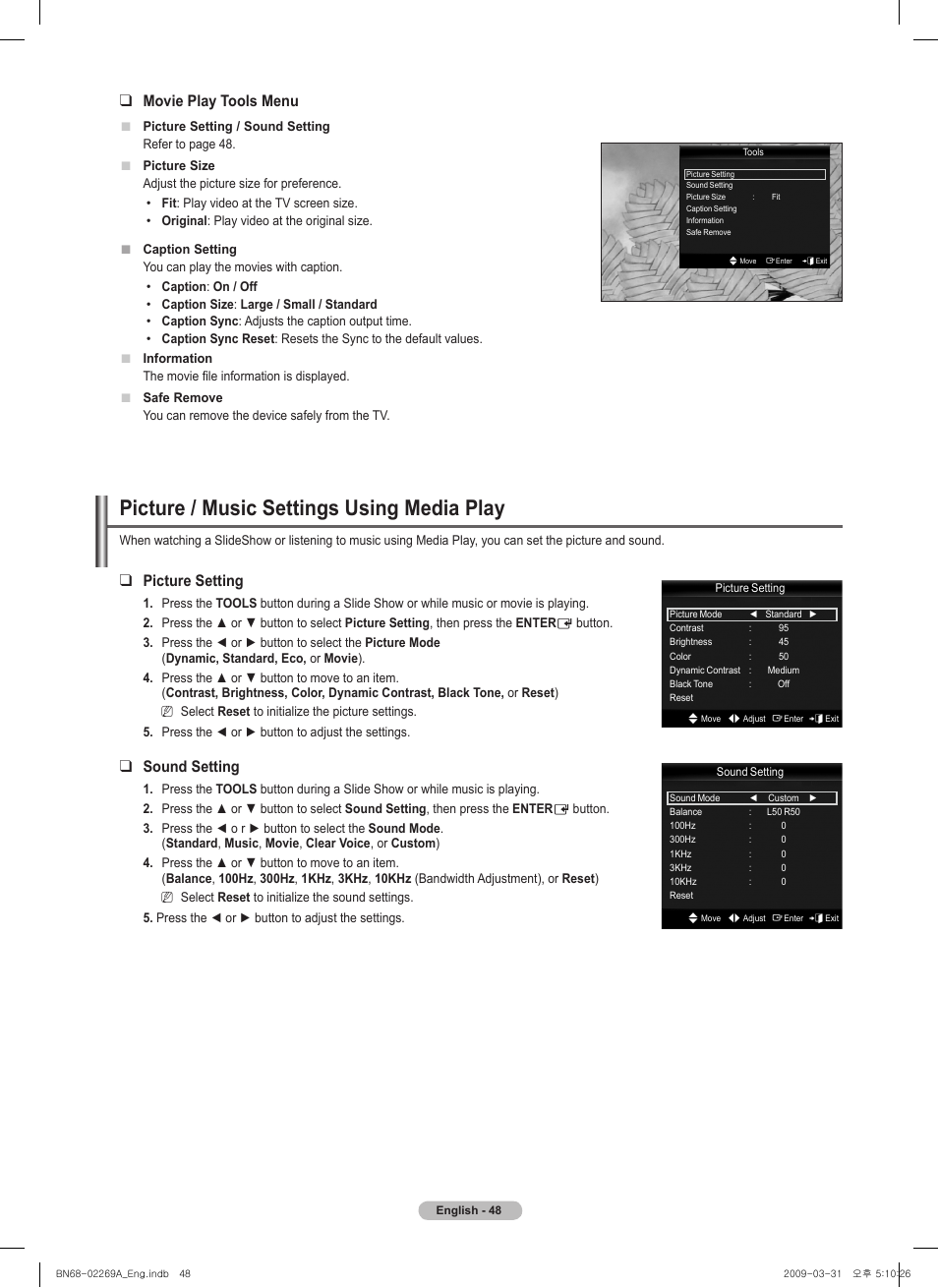 Picture / music settings using media play, Movie play tools menu, Picture setting | Sound setting | Samsung PN58B650S1FXZA User Manual | Page 48 / 184