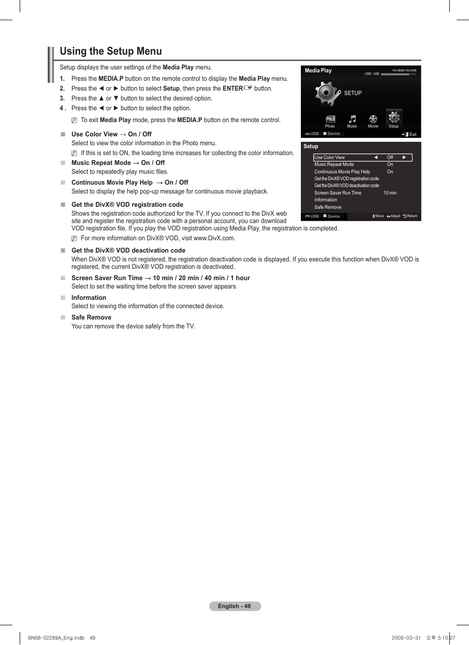 Using the setup menu | Samsung PN58B650S1FXZA User Manual | Page 49 / 184