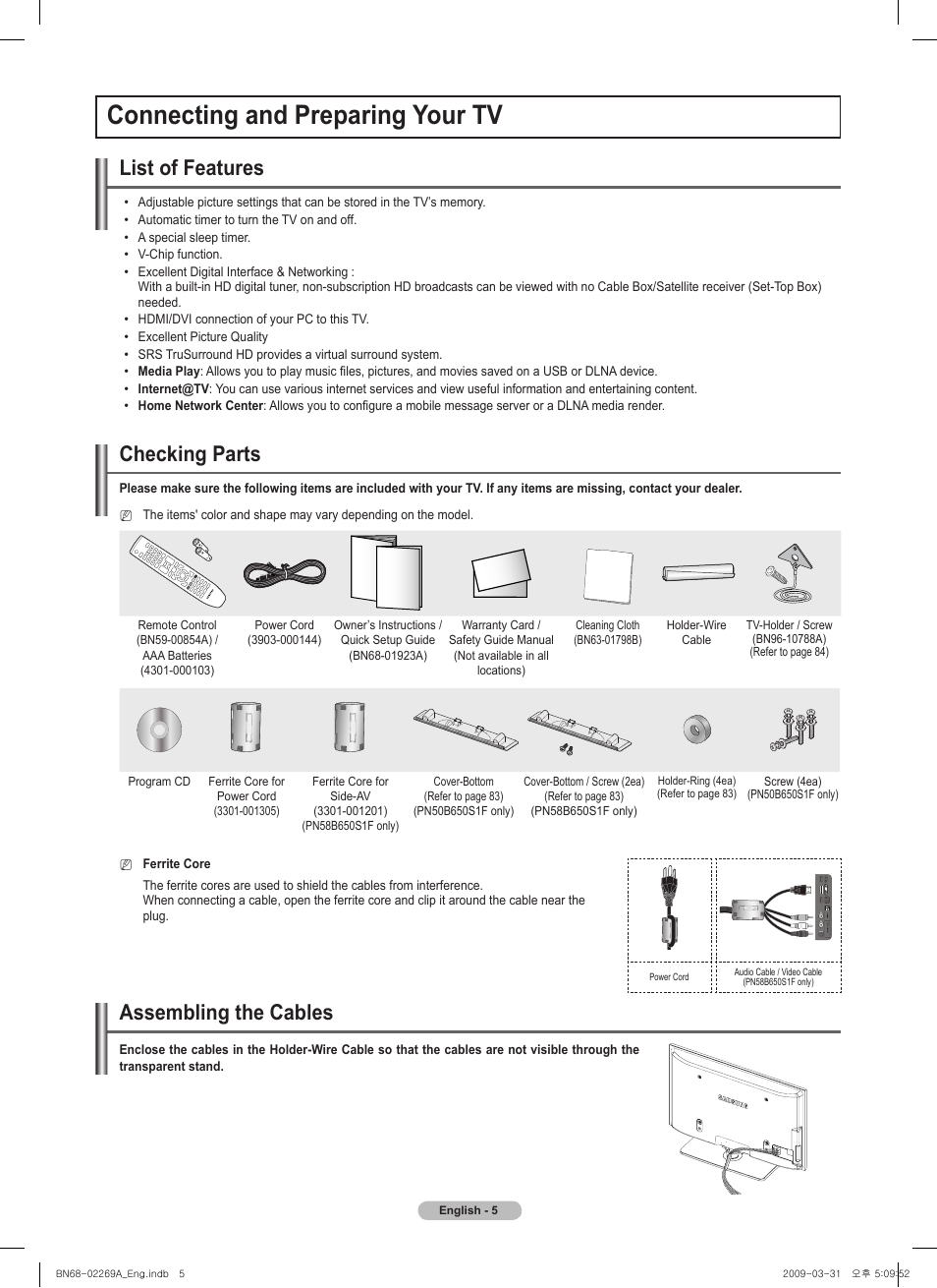 Connecting and preparing your tv, List of features, Checking parts | Assembling the cables | Samsung PN58B650S1FXZA User Manual | Page 5 / 184