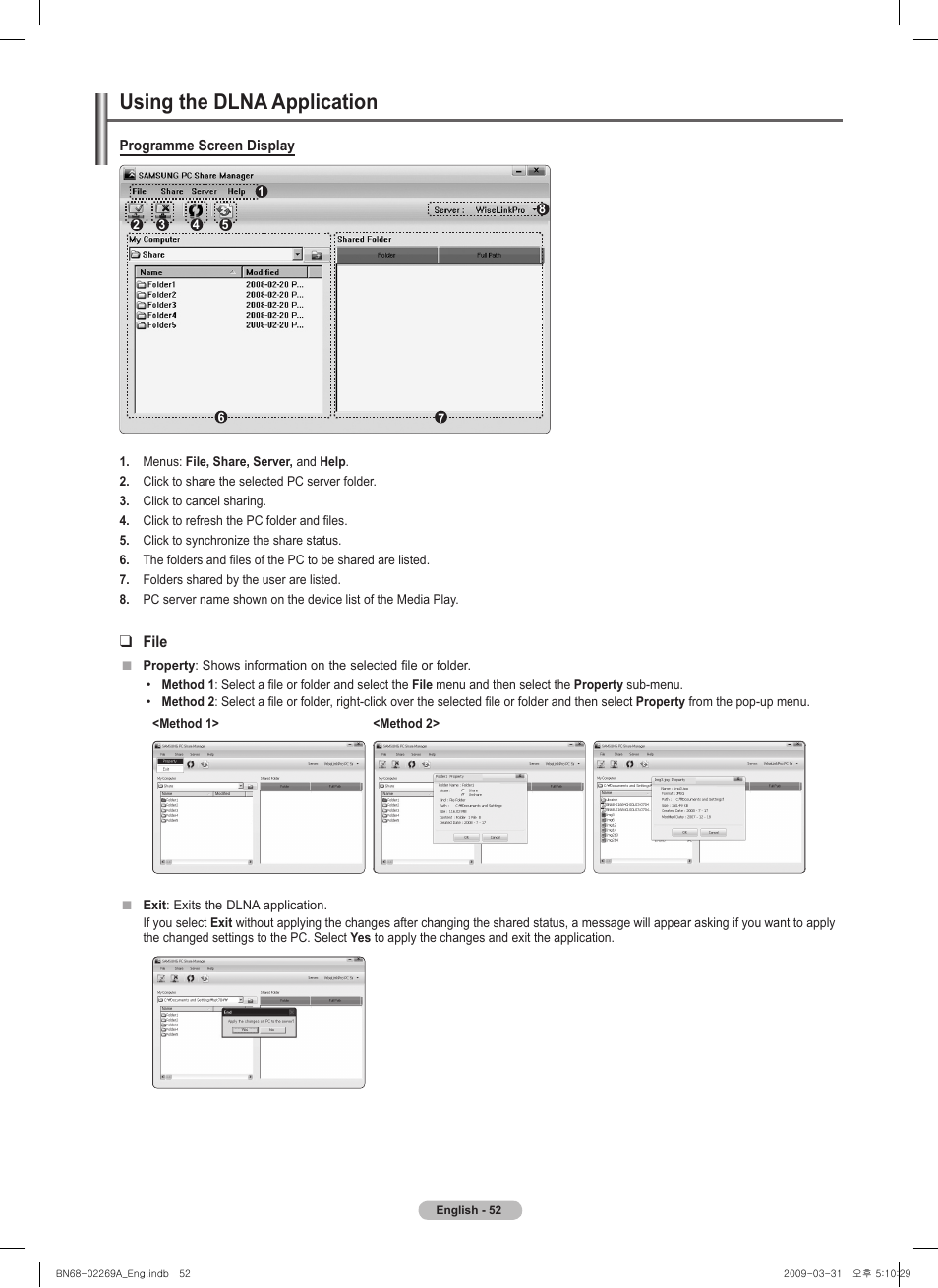 Using the dlna application, File, Programme screen display | Samsung PN58B650S1FXZA User Manual | Page 52 / 184