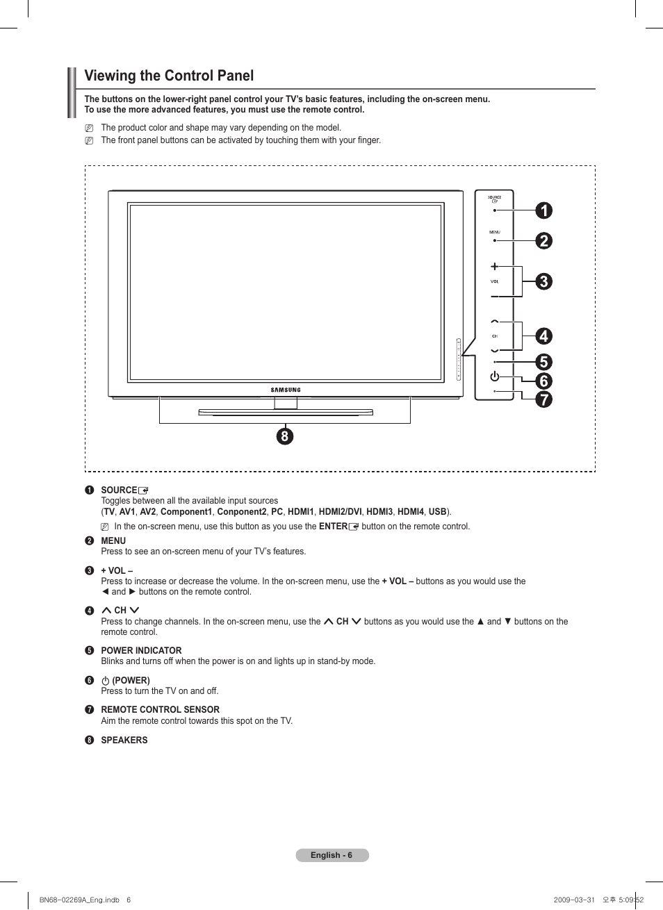 Viewing the control panel | Samsung PN58B650S1FXZA User Manual | Page 6 / 184