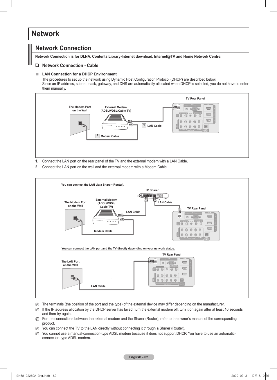 Network, Network connection, Network connection - cable | Samsung PN58B650S1FXZA User Manual | Page 62 / 184