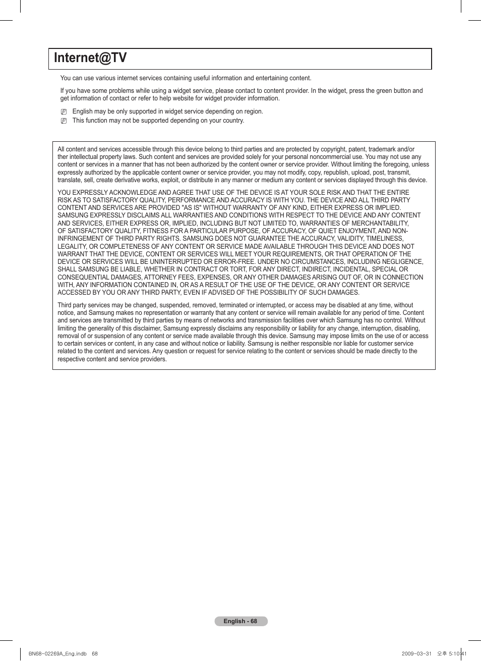 Internet@tv | Samsung PN58B650S1FXZA User Manual | Page 68 / 184