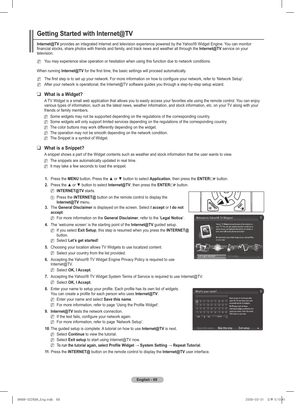 Getting started with internet@tv, What is a widget, What is a snippet | Samsung PN58B650S1FXZA User Manual | Page 69 / 184