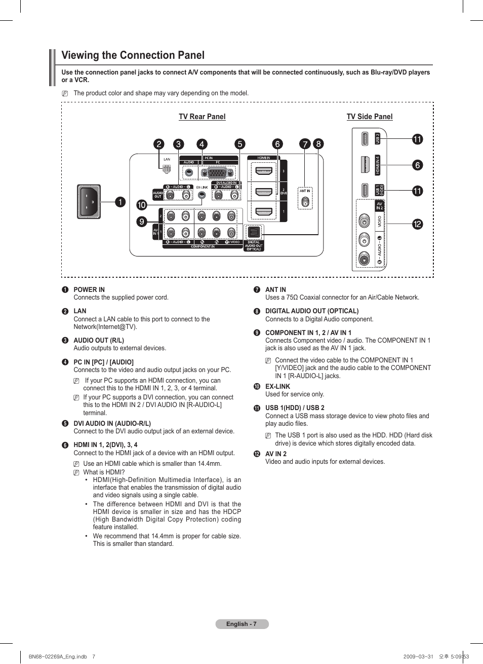 Viewing the connection panel | Samsung PN58B650S1FXZA User Manual | Page 7 / 184