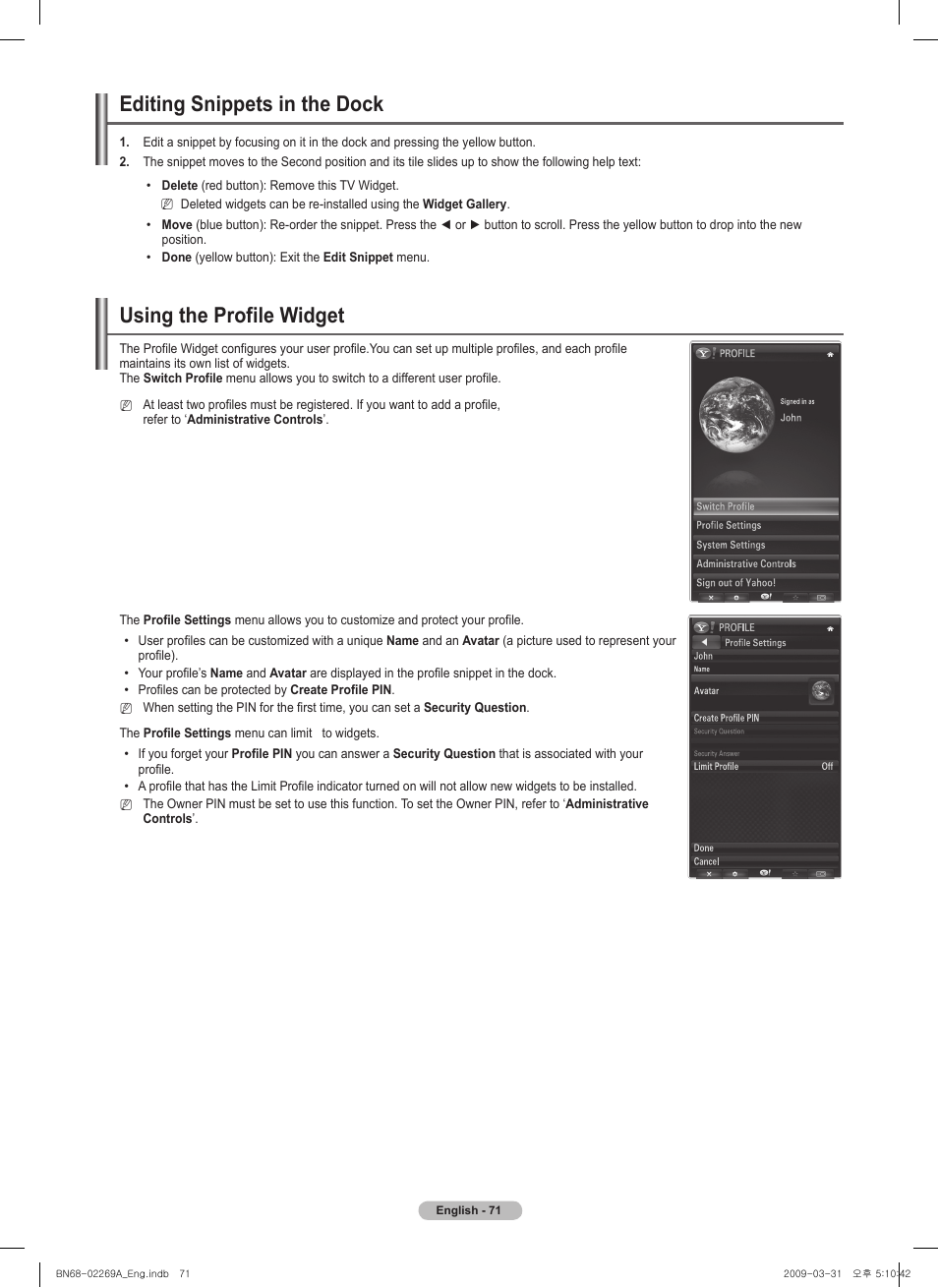 Editing snippets in the dock, Using the profile widget | Samsung PN58B650S1FXZA User Manual | Page 71 / 184
