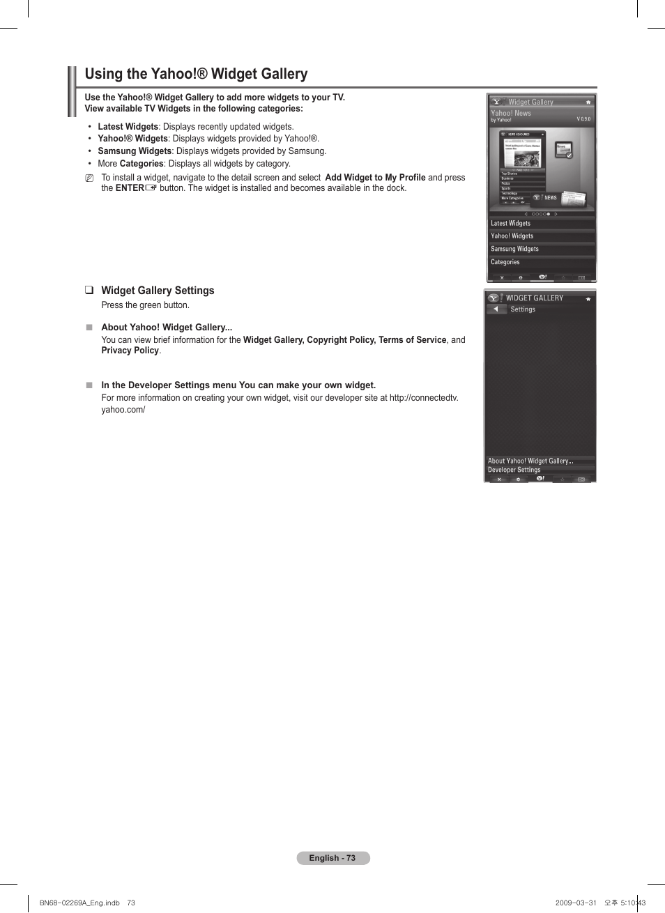 Using the yahoo!® widget gallery | Samsung PN58B650S1FXZA User Manual | Page 73 / 184