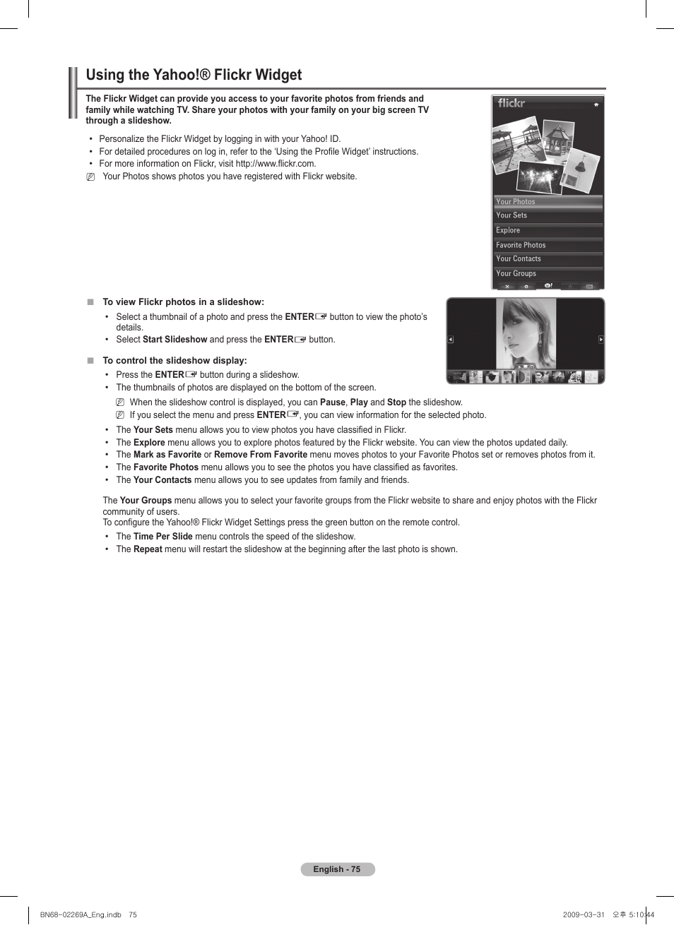 Using the yahoo!® flickr widget | Samsung PN58B650S1FXZA User Manual | Page 75 / 184