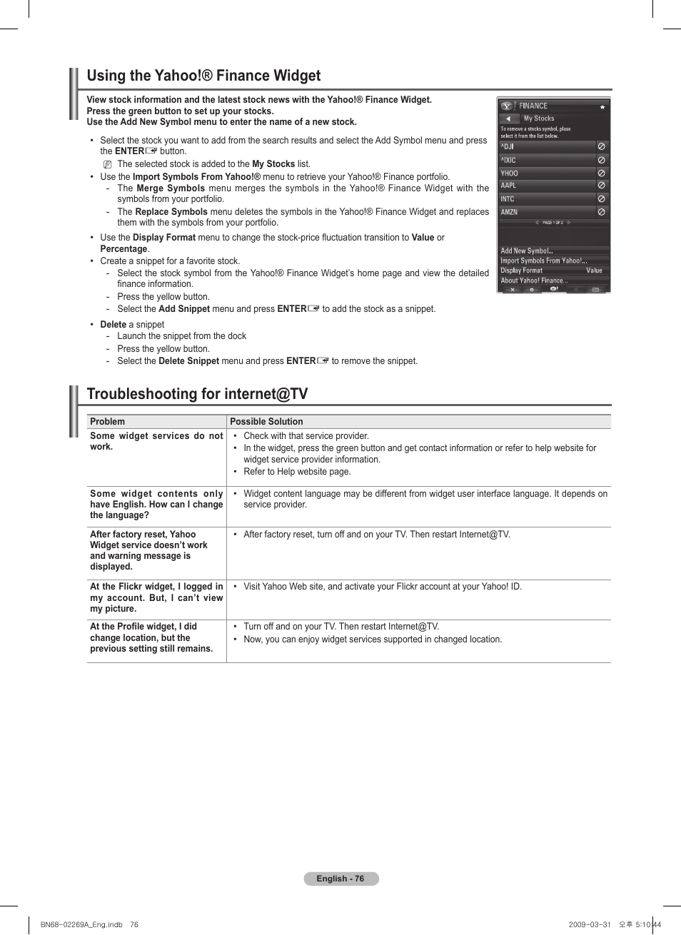 Using the yahoo!® finance widget, Troubleshooting for internet@tv | Samsung PN58B650S1FXZA User Manual | Page 76 / 184