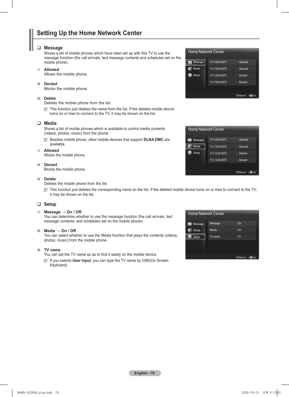 Setting up the home network center, Message, Media | Setup | Samsung PN58B650S1FXZA User Manual | Page 79 / 184