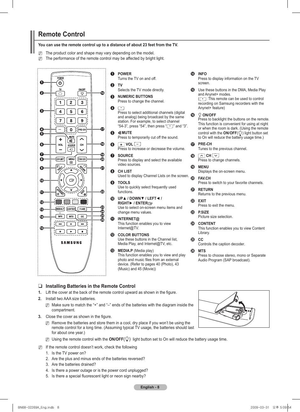 Remote control, Installing batteries in the remote control | Samsung PN58B650S1FXZA User Manual | Page 8 / 184