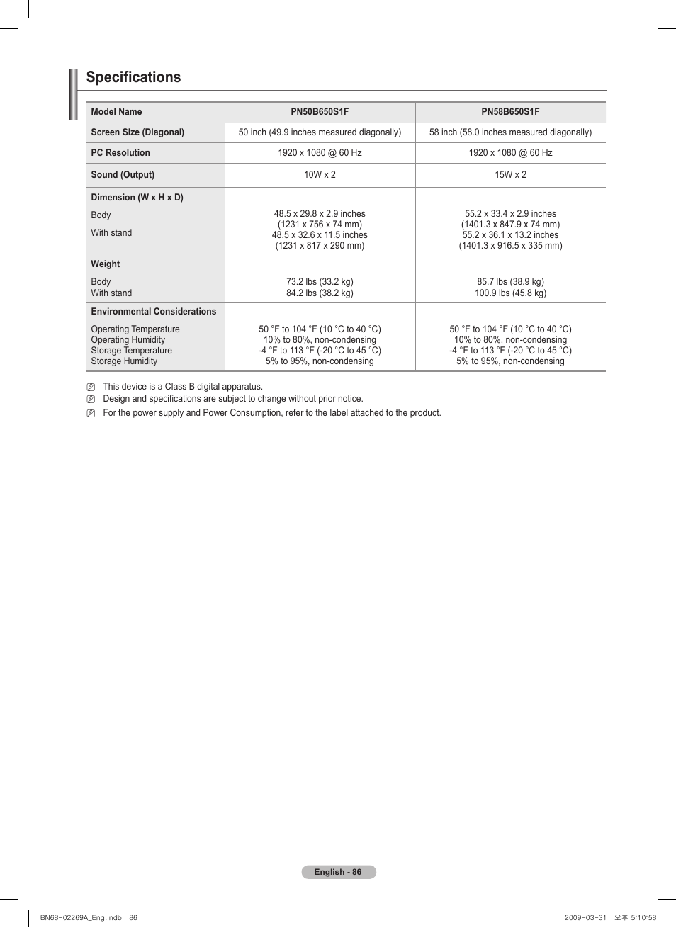 Specifications | Samsung PN58B650S1FXZA User Manual | Page 86 / 184