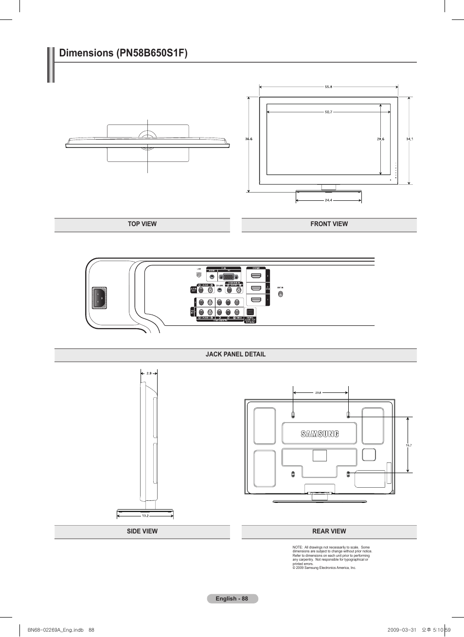 Dimensions (pn5b50s1f) | Samsung PN58B650S1FXZA User Manual | Page 88 / 184