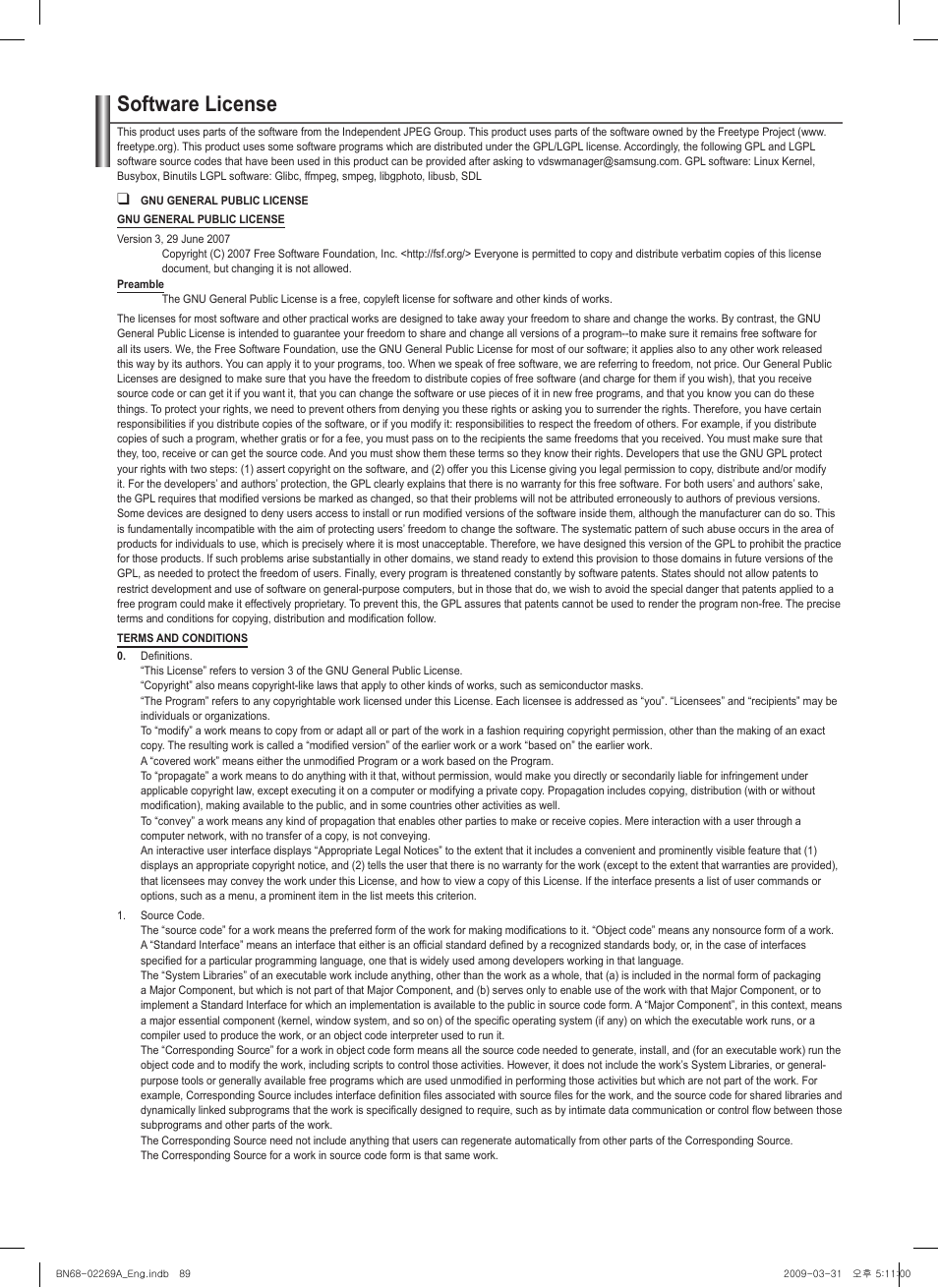 Software license | Samsung PN58B650S1FXZA User Manual | Page 89 / 184